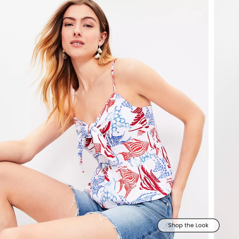 Loft Textured Tie Front Cami, XS, New Women's Red and Blue Patterned Top